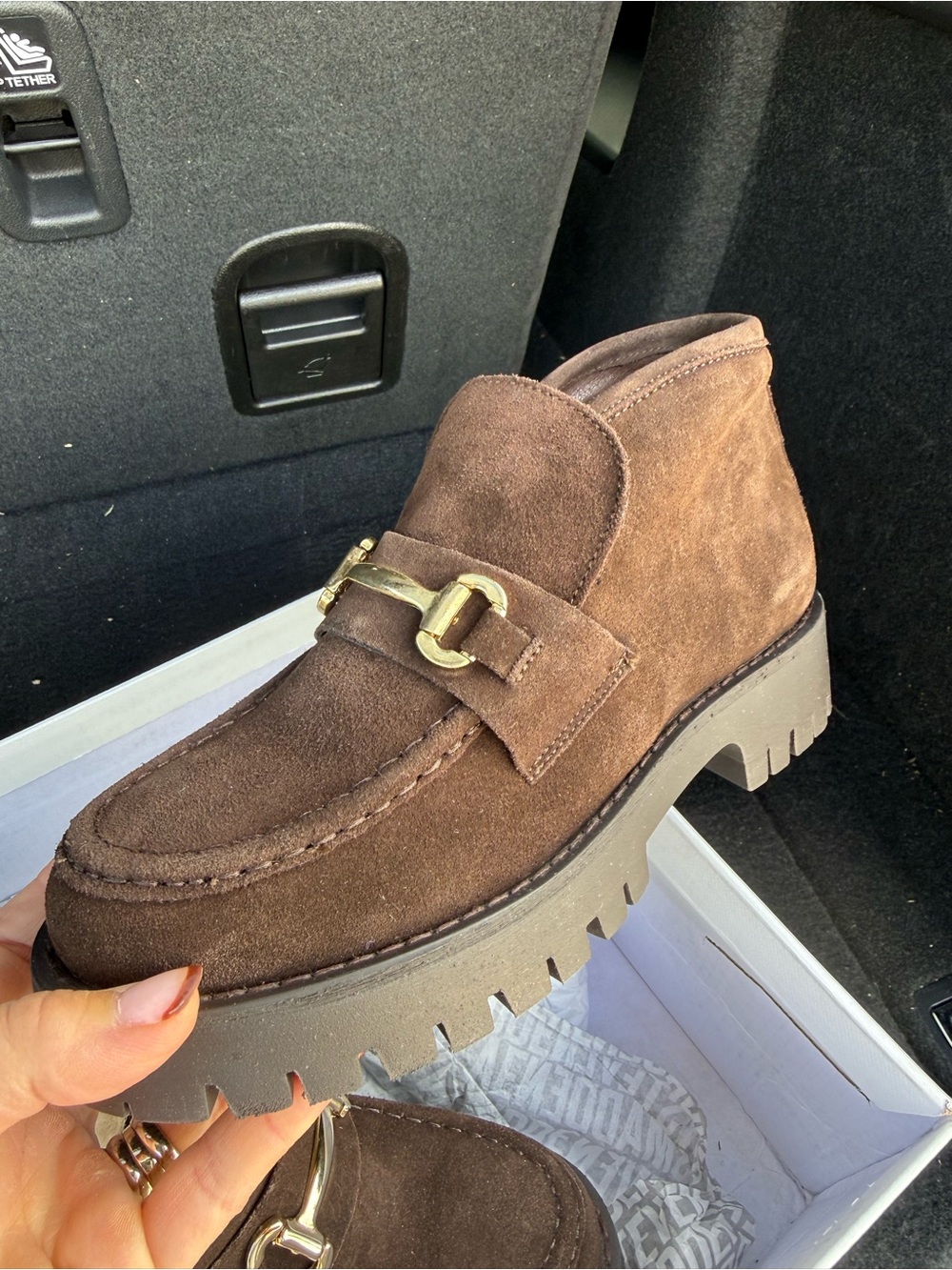 Steve Madden Brown Suede Lug Sole Loafer with Gold Horsebit